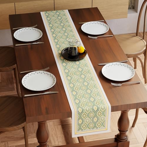 Image of Encasa XO Dining Table Runner for 4 to 6 Seater | Sage-03 Block Printed Cotton Canvas | 32x183 cm | Jaipur Sanganeri Hand Print