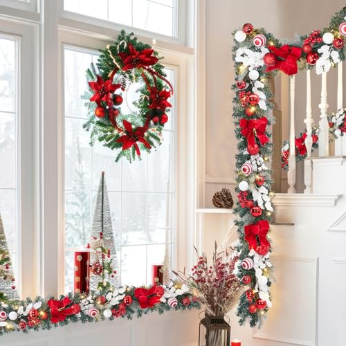 GarveeHome 6 Ft Pre-Lit Christmas Garland, Battery Operated Lighted Xmas Garland with 20 Lights & Timer, Christmas Garlands with Lights for Mantle Table Centerpiece Indoor Outdoor Decor, Red White