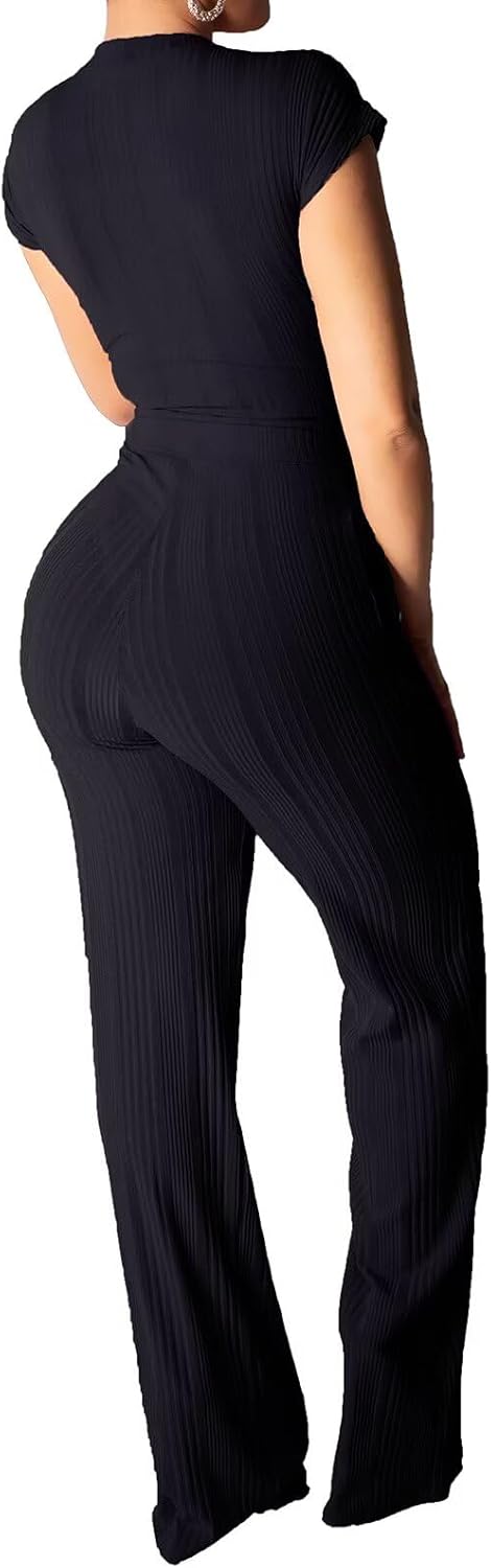 EDITCOZY Women 2 Piece Outfits Sexy Tie Front Crop Top Wide Leg Pants Sets Casual Summer Ribbed Two Piece Set - Image 3