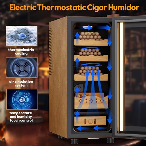Image of 35L Upgraded Electric Humidor with Leather, 250 Counts Large Capacity,Thermostatic Electric Cooler Cabinet with Digital LED Screen, Safety Lock,Smart Humidity & Temp Control, Gifts for Men