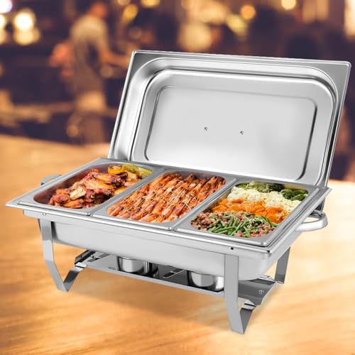 HuKaiL 3L*3 Edelstahl Warmhaltebehälter, Speisewärmer mit Zwei Heizoptionen Wärme/Kälteisolierung bis 9L, Warmhaltegerät Chafing Dish Buffetwärmer mit Aufhängeplattform Bankette, 55.7 * 34 * 38.3cm – Bild 3
