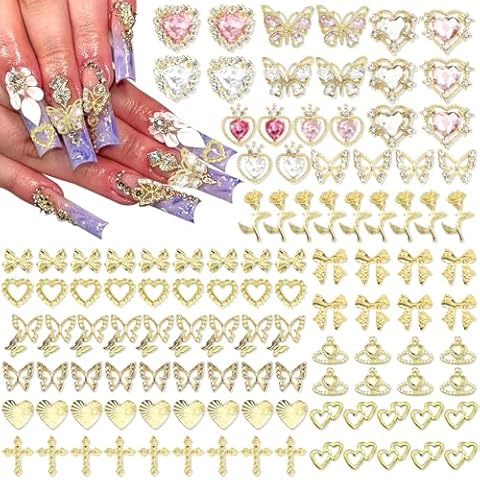 RODAKY 124PCS Gold Nail Charms 3D Butterfly Nail Gems Pink Crystal Heart Nail Art Jewelry Bow Charms for Acrylic Nails Glitter Cute Nail Decoration Metal Rose Cross Charms for Manicure Design Cover