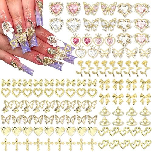 Image of RODAKY 124PCS Gold Nail Charms 3D Butterfly Nail Gems Pink Crystal Heart Nail Art Jewelry Bow Charms for Acrylic Nails Glitter Cute Nail Decoration Metal Rose Cross Charms for Manicure Design