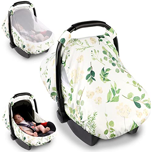 Image of Leaf Car Seat Cover for Babies Girl or Boy，Leaf Infant Carseat Canopy Sun Cover，Baby Carrier Cover with Zipped Peep Windows and Breathable Mesh, Stretchy 3in1Multi-use Stroller Cover