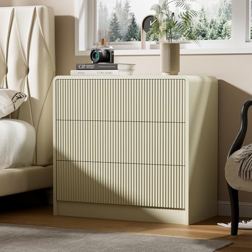 Image of Furniway Beige Nightstands Set of 2, 32 inch Modern 3 Drawer Bedside Table with Storage, Large Night Stand for Bedroom