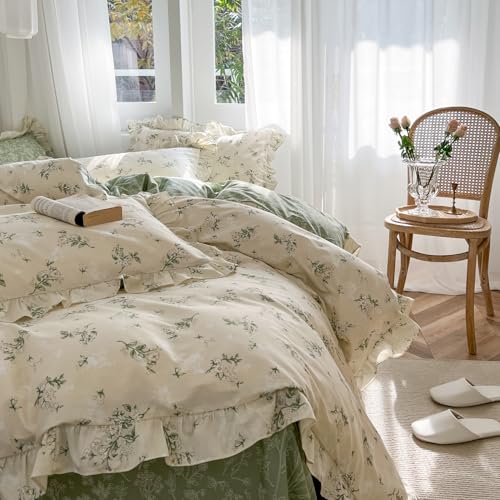 Image of MKXI King Duvet Cover Set Beige Floral Ruffled Bedding Cottagecore Floral Comforter Cover Green Reversible Aesthetic Bed Set Cotton Elegant Style with Pillow Shams