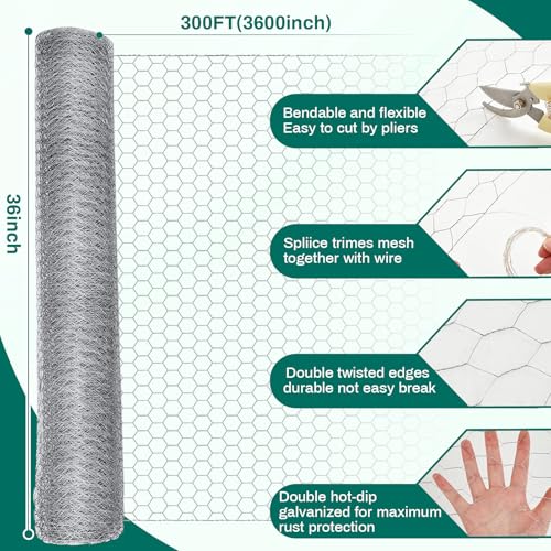 Image of GlikCeil 36 in x 300 ft Chicken Wire Mesh Fencing for Floral Garden, 23 Gauge Silver Galvanized Steel Wire, 1 Inch Hexagonal Hardware Cloth Netting for Farm Crafts Poultry Coop Barrier Rabbit Cage