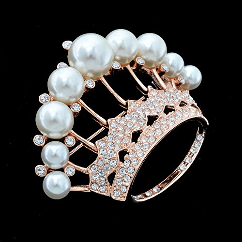 Image of Large Gold Tone Crystal Queen Crown Pin Brooch With Pearl Wedding Bridal Pin