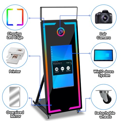 Image of Magic Mirror Photo Booth with Camera and Printer 65'' Mirror Photo Booth with 32'' Interactive Touch Screen Built-in Mini PC with Instant Print Rental Wedding Party (Black+Camera+Printer, 65-32in)