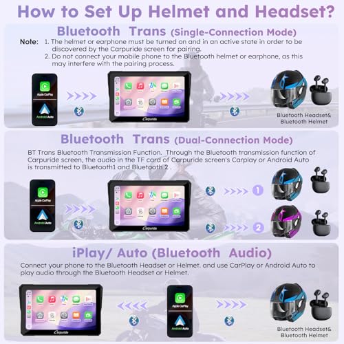 Image of Carpuride W702RS PRO Motorcycle GPS Wireless Carplay /Android Auto /Radar BSD, 7 inch Waterproof Motorbike Touch Screen, with BM05 Mount, Bluetooth Trans, Intercom,Wired Controller, Navigation