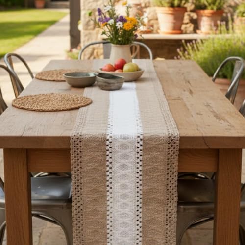 Image of HomeCloud Croshia Woven Table placemat - Heat Resistant, Washable Table Decoration for Dining, Office, Kitchen, Hotel, and Home (Runner Beige White, Set of 4)