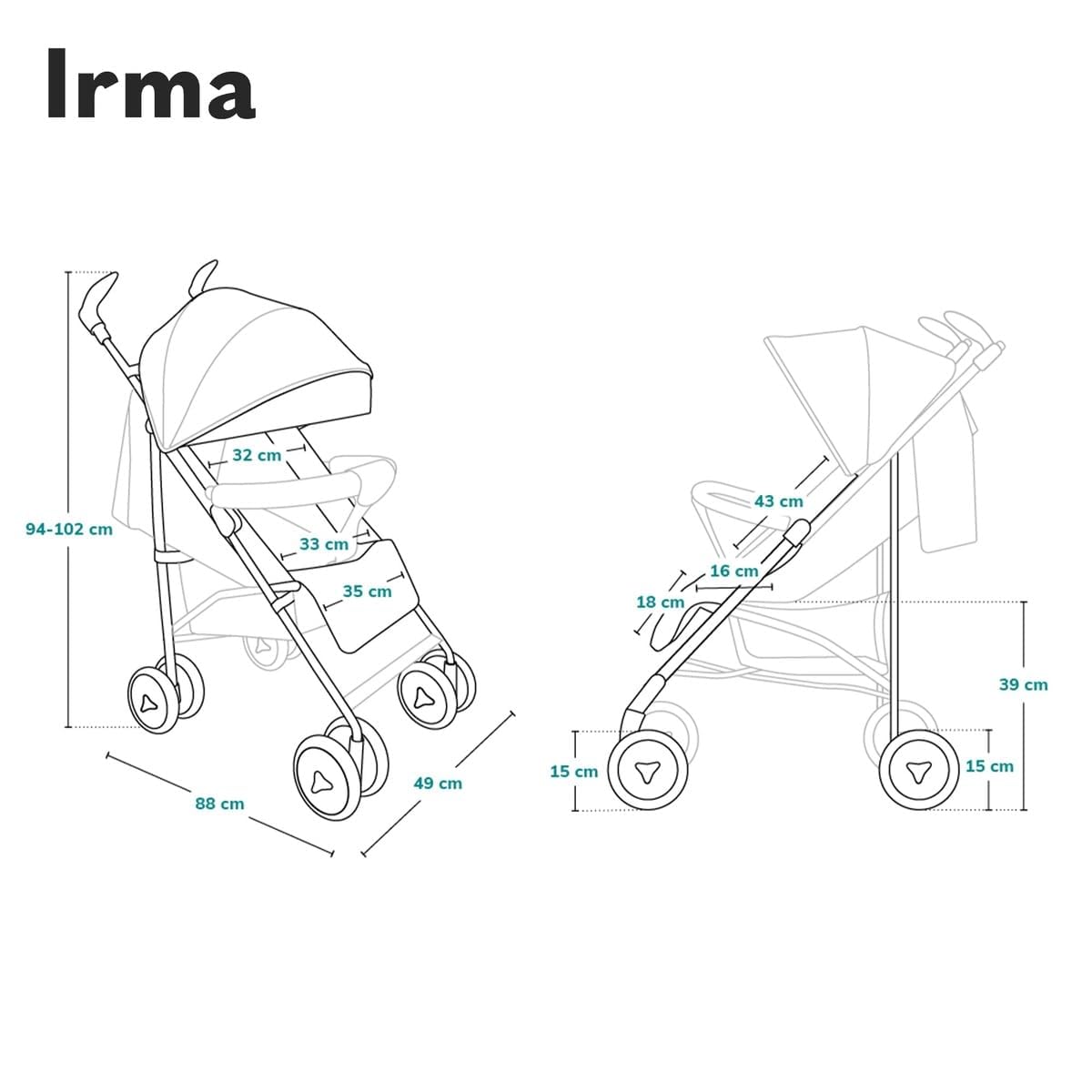 LIONELO Irma poussette canne à 15 kg (0 à 36 mois), légère et compacte, réglage du dossier jusqu’à la position couchée, grand panier système de pliage rapide, moustiquaire, chauffe-pieds