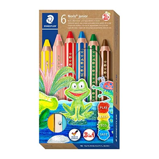 STAEDTLER Noris Junior, Lápiz de color extra grueso 3 en 1: lápiz de color, cera y lápiz acuarelable. Estuche con 6 lápices de colores surtidos + afilalápices (140 C6 ST)