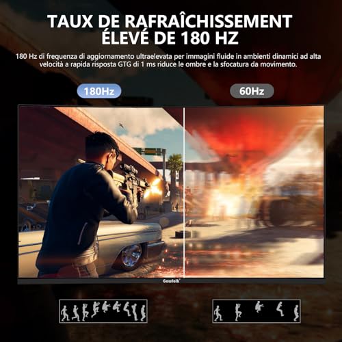 Écran PC 24 Pouces incurvé Gaming Moniteur 180hz, fhd 1080p 1ms sans Lunette, freesync, 100% sRGB,178 ° Angle Vue HDMI DisplayPort, Compatible avec Mural VESA75*75MM - Noir – Image 6