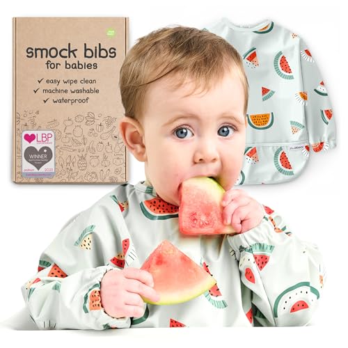 Image of Nombear Waterproof Smock Baby Bibs for Eating (Boy or Girl 6-24 Months) - Toddler Long Sleeve Bib for Baby Led Weaning