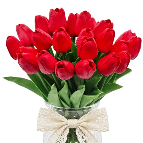 Tdsuco 25Pcs Tulips Artificial Flowers Faux Tulips Artificial Tulips Real Touch Tulip Fake Flowers Bouquets for Spring Wedding Home Kitchen Office Party Decor (Red)