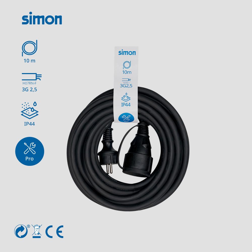 Simon profesjonalny przedłużacz H07RN-F przedłużacz z pokrywką, IP44, 3G2,5 mm² (10 m), zewnętrzny przedłużacz elektryczny, wytrzymały, czarny