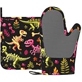Dinosaur Skeleton Oven Mitts and Pot Holders Sets Non-Slip Silicone Surface for BBQ Gloves,Kitchen,Cooking,Baking,Grilling