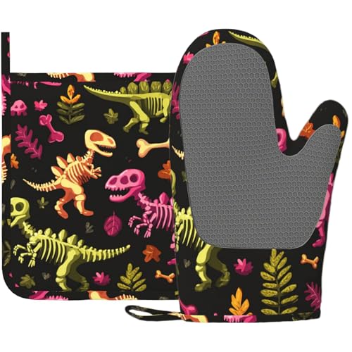 Dinosaur Skeleton Oven Mitts and Pot Holders Sets Non-Slip Silicone Surface for BBQ Gloves,Kitchen,Cooking,Baking,Grilling