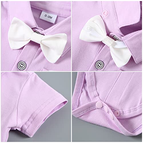 Nilikastta Baby Boy Clothes Gentleman Outfits Suits, Infant Short Sleeve Shirts + Suspender Pants + Bowtie + Beret Hat 0-18M(Purple,12-18M) #TOP1