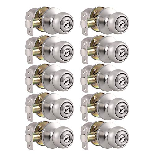 Probrico (10 Pack) Keyed Alike Entry Knobs with Locks and Same Keys for Exterior or Interior Doors, Brushed Nickel Standard Ball Stainless Steel Entrance Door Locks, Single Cylinder Door Locksets