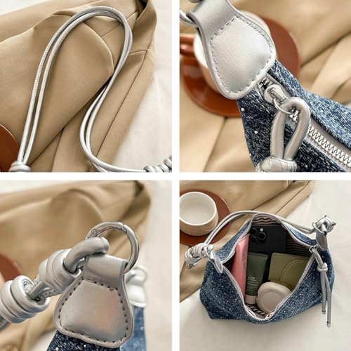 Fashion Sparkly Denim Dumpling Bag Adjustable Shoulder Strap Cross Body Bag Commuter Travel Handbag for Women 20253