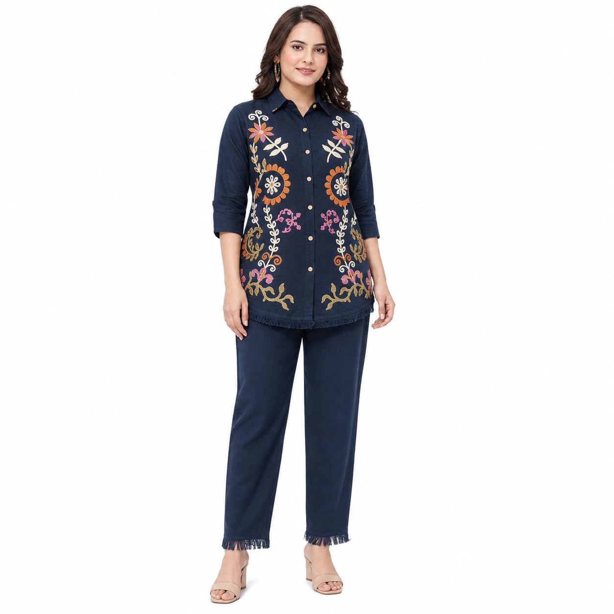 comftex Women Cotton Flax Coord Set with Embroidery Work | Shirt Collar Co Ord Set for Women | 3/4 Sleeve Top and Pant Set for Casual Wear, Office Wear, Brunch-picture-34