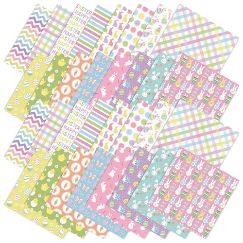 JarThenaAMCS 32 Pcs Easter Fabric Squares Cotton Fabric Bundles Small Colorful Bunny Rabbit Chick Egg Carrot Sewing Fabrics for DIY Sewing Craft Decor 10 x 10 Inch