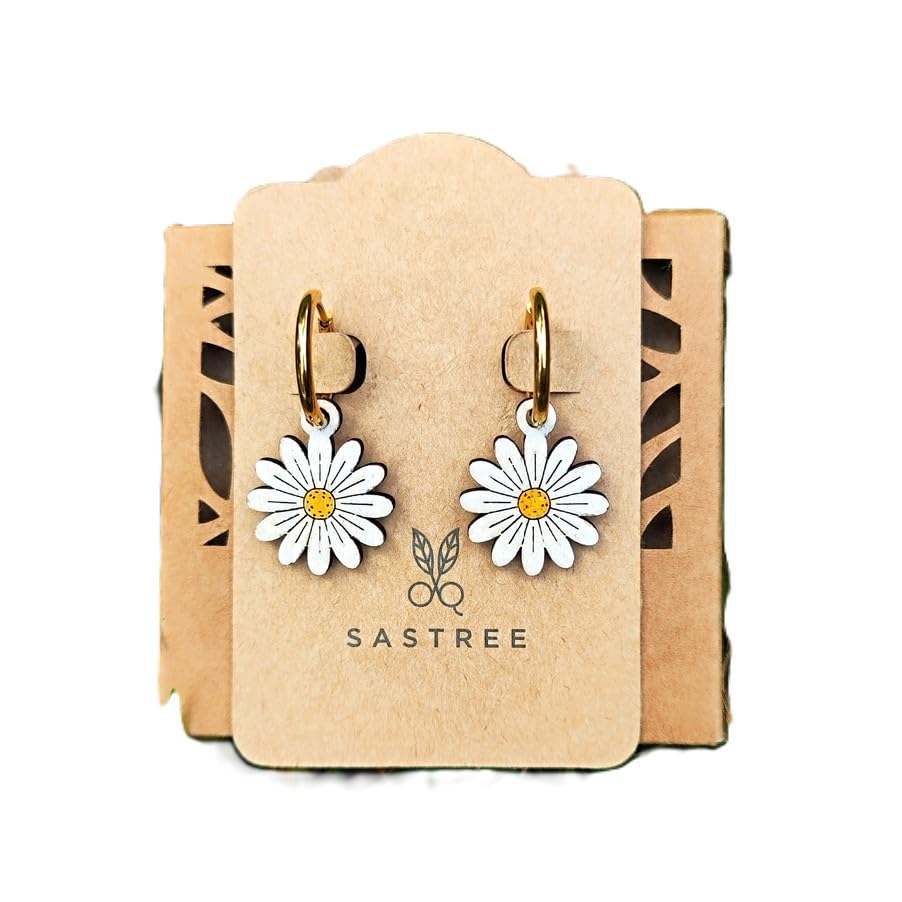 Sastree Pendientes Margarita Originales Mujer | Edición Limitada Solo 365 Unidades | Madera Sostenible Pintados a Mano | Detalle Exclusivo Amantes Flores y Naturaleza (Acero Inox O)