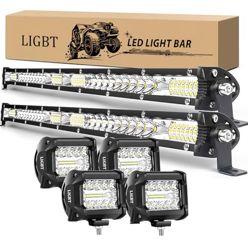 LIGBT 2Pcs 21 Inch 204W Slim LED Light Bar 4PCS LED Pods 4Inch 60W Spot Flood Combo Fog Driving Lights Work Light Roof Bumper Lamp Offroad Lights for 4x4 Trucks SUV ATV UTV