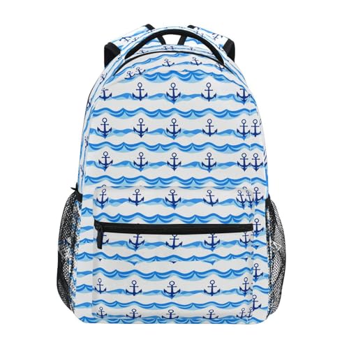 Cute Blue Anchor Wave Backpack for School Boys Girls Adults Kids Bookbag Laptop Bag 15L