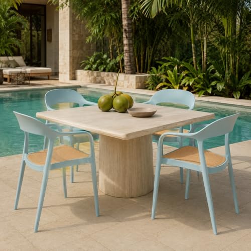 Image of Rattan Style Outdoor Chair | Set of 4 Sky Blue Plastic Arm Chair for Garden, Balcony, Patio & Cafe | Lightweight Weather Resistant Seating | 3 Year Manufacturing Warranty