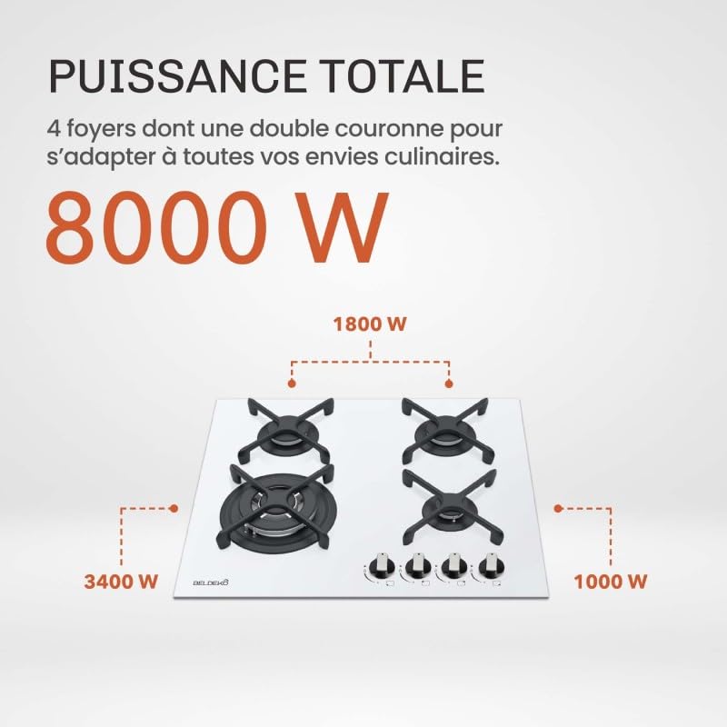 BELDEKO Plaque Gaz 4 Feux 8000W Blanc Dépoli - Marque Française
