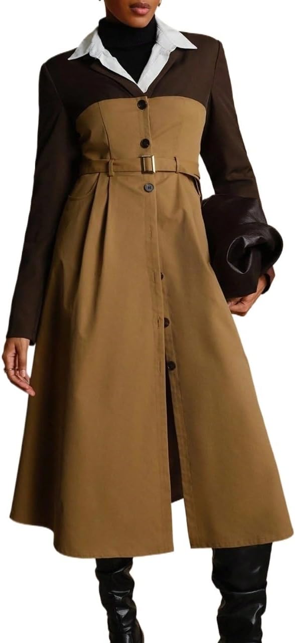 Colorblock V-Neck Tie Waist Long Trench Coat Women's Fall Winter Lapel Fashion Trench Coat