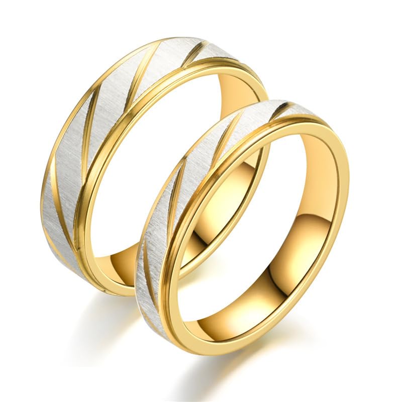 Image of Stainless Steel Couple Band Ring Set Matching Promise Couple Rings His and Her Groom Bride Anniversary Wedding Engagement Valentine Day Gift Engraved Striped Ring 6MM 4MM Comfort Fit Size 9