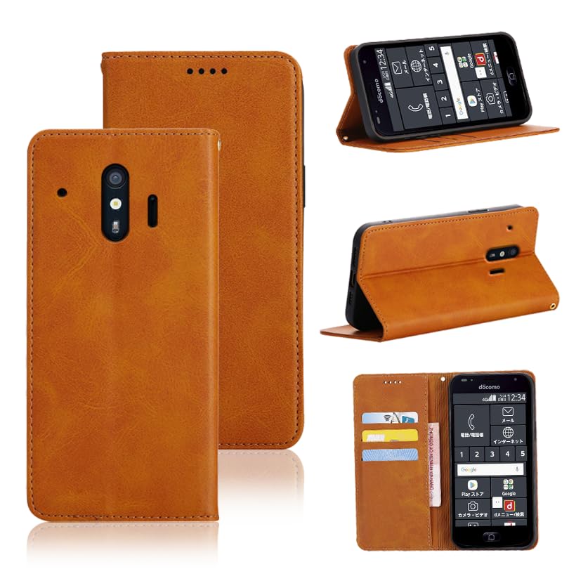 適用 らくらくスマートフォン me F-01L / F-42A ケース 手帳型 カバー PUレザー カード収納 財布型 耐衝撃 ケース マグネット スタンド機能付き 5色 (ライトブラウン)