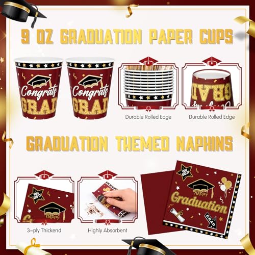 Zhehao 240 Pcs 2026 Graduation Decorations Plates and Napkins and Cups Set Serve 30, Maroon and Gold Graduation Party Supplies, Class of 2026 Paper Tableware 9oz Cup Knife Fork Spoon Congrats Grad by Zhehao - Used condition - Image 5