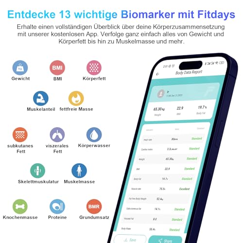 Körperfettwaage, Bluetooth Personenwaage mit App, Smart Digitale Waage für Körperfett, BMI, Gewicht, Muskelmasse, Wasser, Protein, Skelettmuskel, Knochengewicht, BMR, Schwarz 2