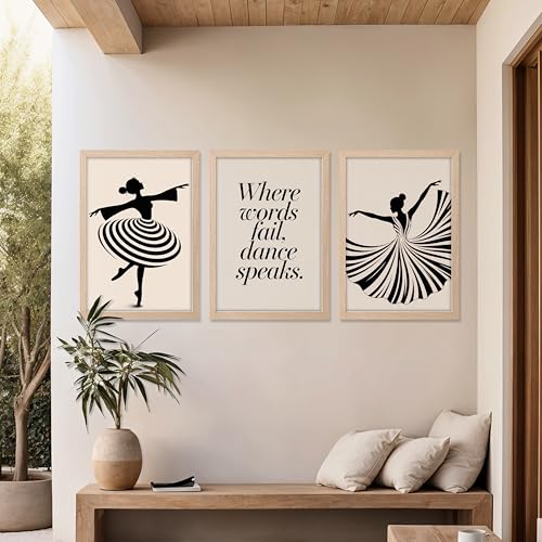 Image of NoWorries Minimalist Ballet Dancer Wall Art Framed Painting Set of 3 | Black & White Dance Silhouette Prints with Frame | inchWhere Words Fail, Dance Speaks inch Quote | Modern Aesthetic Ballet Decor Frames for Living Room, Bedroom and Studio, Framed Artwork Ready to Hang (Art-9, 10x13inch, Wooden)