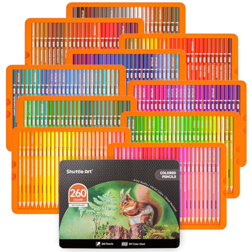 Image of Shuttle Art Colouring Pencils Set, Colouring Pencils for Adults with 260 Vibrant Colours, Shatterproof Soft Wooden Pencils for Adults and Children in Tin Box, Colouring Pencils for Drawing, Painting