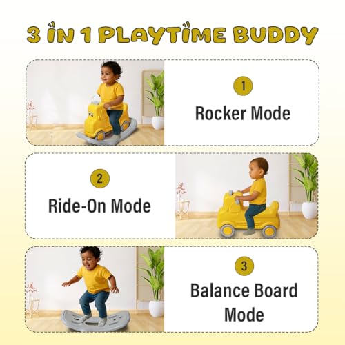 Image of PLAYGRO 3 in 1 Wagon Rock N Ride Ride-On Cum Rocker Toy with Balance-Board for Kids, Toddler | Baby Rocker Ride-On Toys with Wide Wheels, Grip Handle & Anti Slip Seat to Support Kids | Age-1+ Year