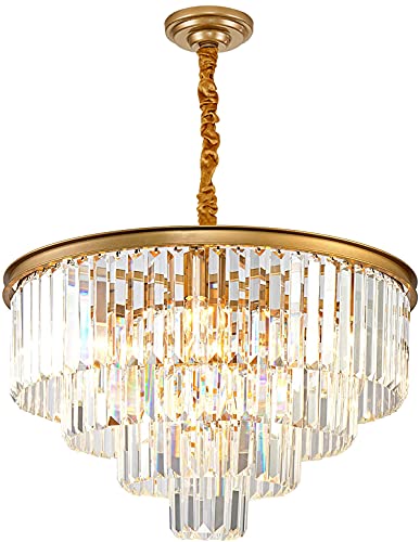 Gold Modern Crystal Chandelier Lighting K9 Crystal Round Chandelier Hanging Ceiling Light Fixture 4-Tier Contemporary Crystal Pendant Light for Dining Room Living Room Bedroom 23.6inch