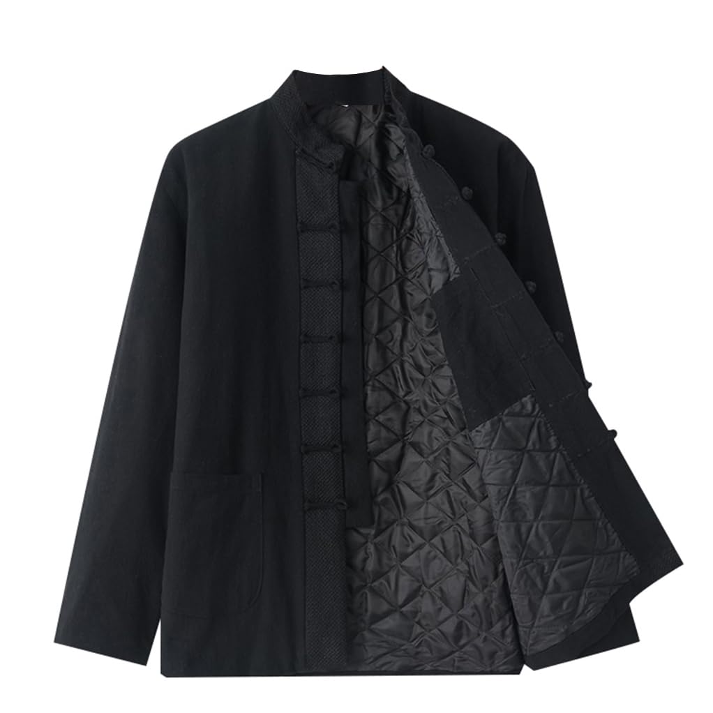 Zhouxiao Men's Black Winter Cotton Linen Tang Suit Thick Warm Tai Chi Uniform Long Sleeve Chinese Traditional Clothes Tops,Hanfu Jacket Kung Fu Clothing Shirt Coat Martial Arts Suit -Xl