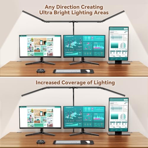 Image of Pzloz Led Desk Lamps for Home Office - Eye Caring Architect Lamp with Clamp, Double Head Computer Monitor Work Desk Light with Remote Control: 24W Flexible Dimmable Desktop Table Lamp