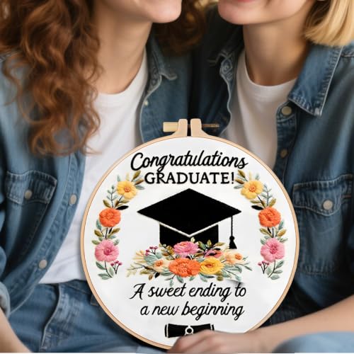 Image of FONNUY Graduation Embroidery Kit, Floral Grad Cap Design Cross Stitch Kits for Beginners, Handmade Crafts with Printed Patterns for Beginner Adults, Color Thread Needlework, 8'' Hoop (Flower)