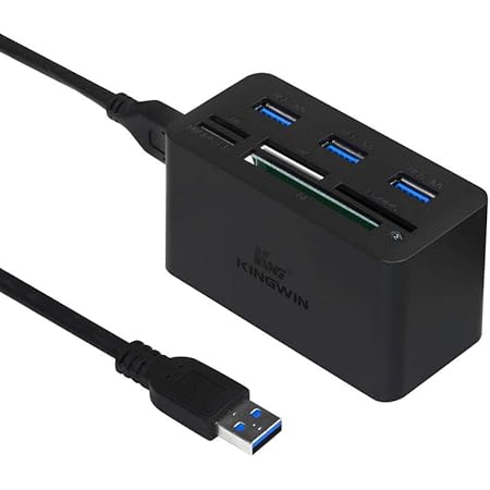 Kingwin USB HUB Adapter w/ Memory Card Reader Writer & USB 3.0 HUB Combo - Supports High Speed SD MS Micro M2 CF Card Reader For Macbook, Laptop, Desktop - Includes USB Cable 5 Gbps Speed, Black