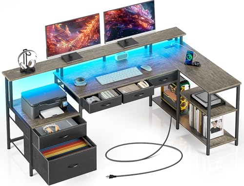 Seventable L Shaped Desk with Power Outlet & LED Strip, Computer Desk with Drawers and File Cabinet, Reversible Home Office Desk with Storage Shelves, Corner Gaming Desk with Monitor Stands,Grey