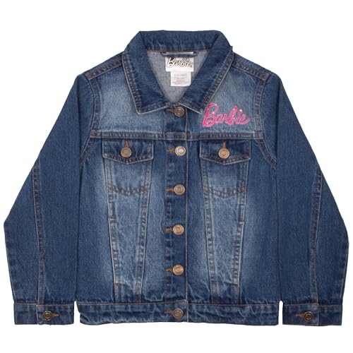 Barbie Girl's Button Up Jean Jacket - Fashion Denim Jacket with Pink Convertible Car Design for Kids (Deep Blue, Size 5/6)