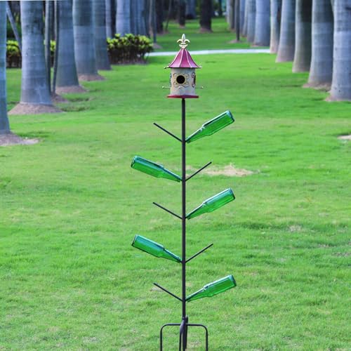 Image of 59 inch H Bird House Bottle Tree, Metal Bottle Tree Stand, Large Bird House