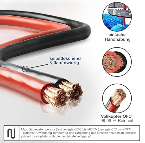 EBROM 3 Meter Batteriekabel ROT H07V-K 16 mm² - Batterie Kabel - 99,9% OFC Kupfer - 3 m (3M) 16mm2
